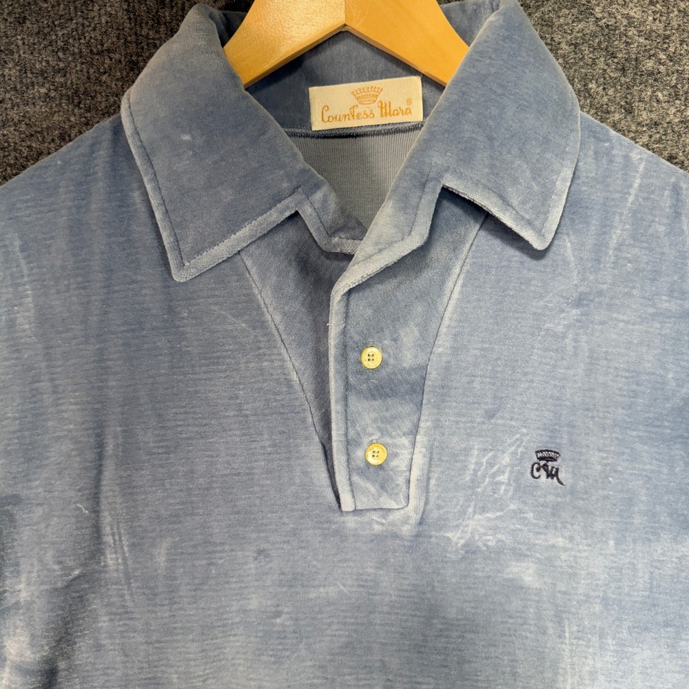 Countess Mara Velour Polo Shirt Men L Blue Embroidered Logo Vintage USA Made 80s